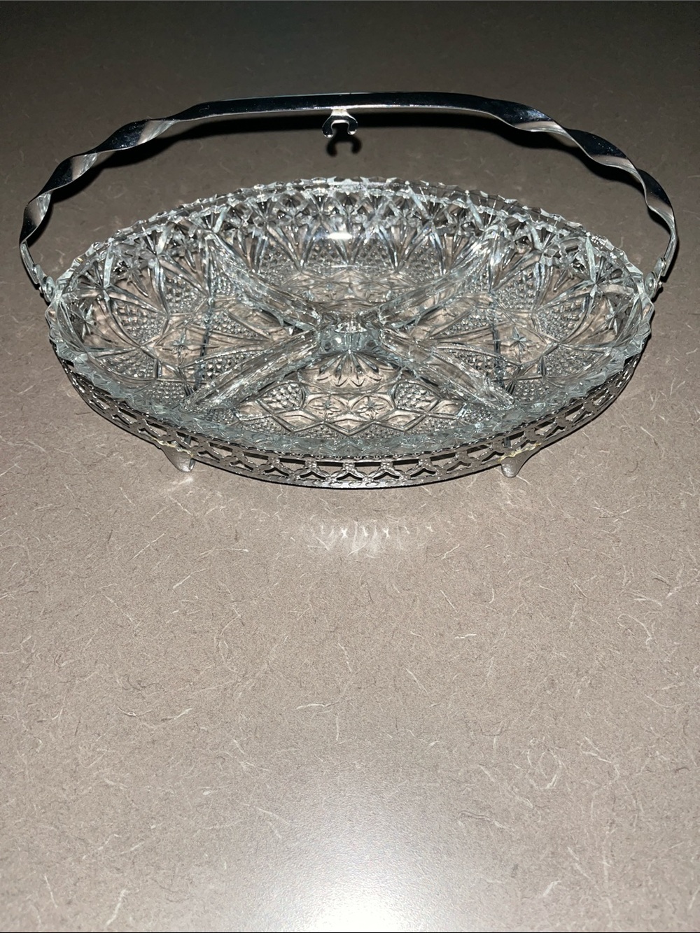 Crystal Cut Glass Serving Relish Dish with Silver Handle - Pineapple Design 11”